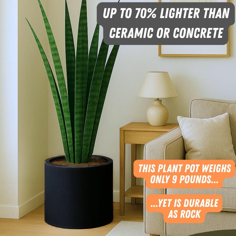 Fox & Fern 14.6 Inch Extra Large Planter â€” Premium Lightweight Fiberstone Matte Black Plant Pot with Drainage Plug; Big Planter for Indoor & Outdoor Use; Weather Resistant & UV Resistant - Image 3